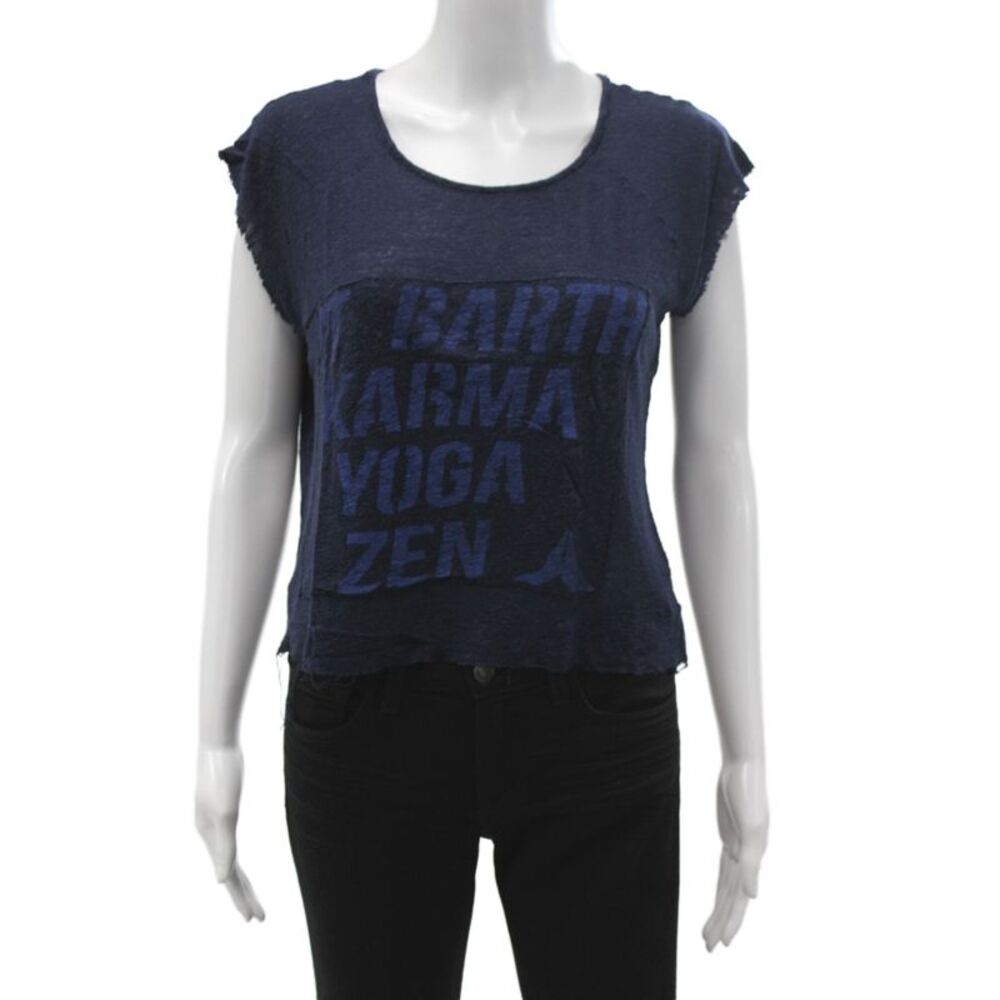 St.Barth Womens Blue Linen Scoop Neck Graphic Blouse Sleeveless Size S